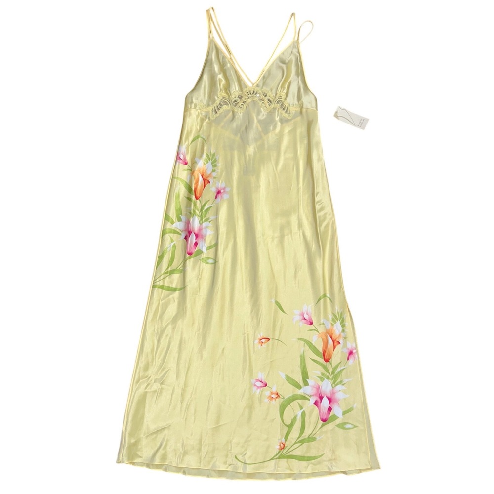 Vintage Yellow Floral Lace Maxi Gown Deadstock 90s Slip Dress M resort beach